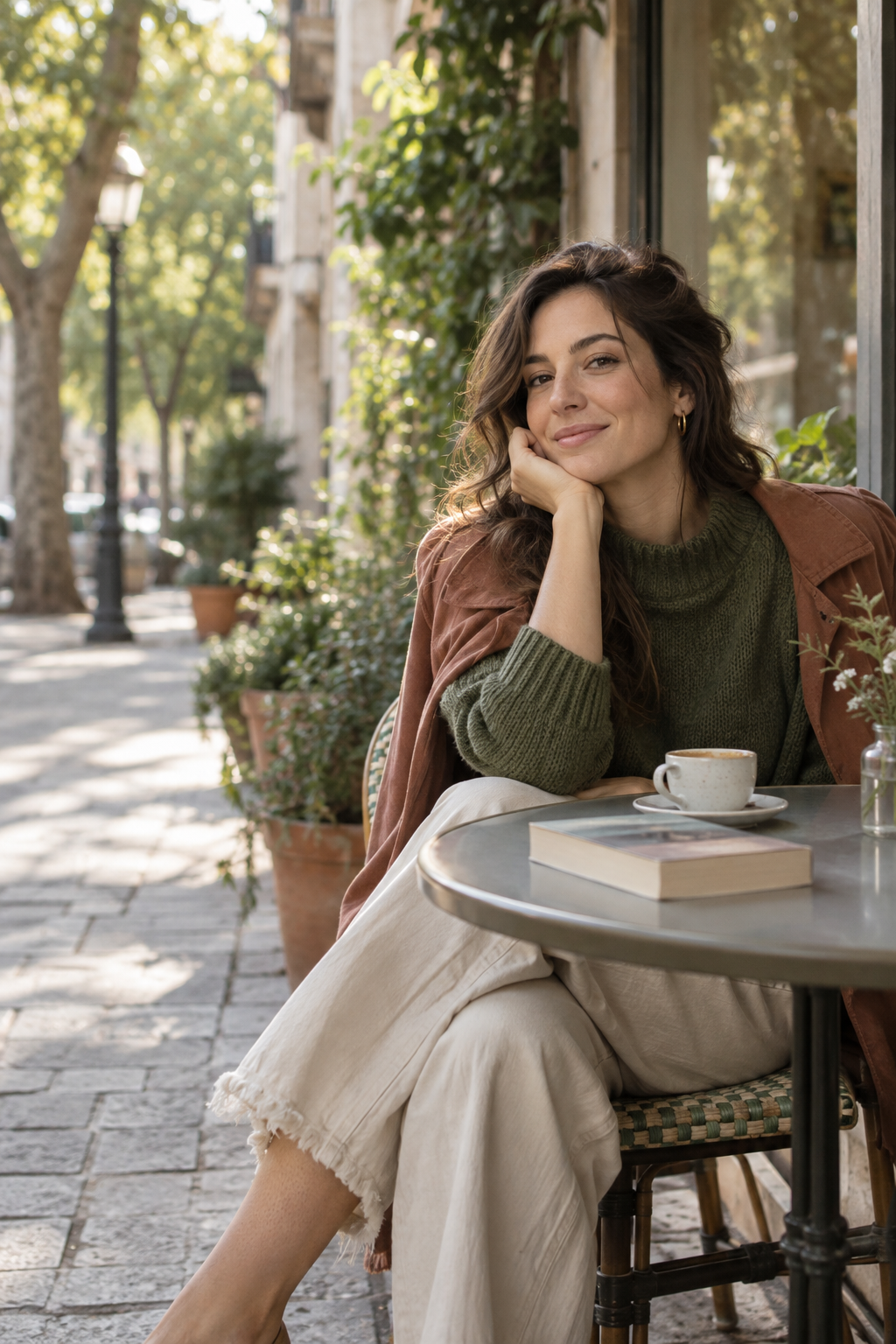 A person sitting outside at a leafy neighborhood cafe